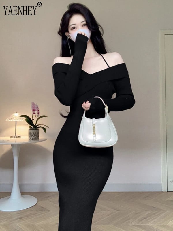 Pulover tricotat cu umăr de pe gât sexy Rochii maxi pentru femei Rochie midi roșie cu corp roșu, iarna 2023