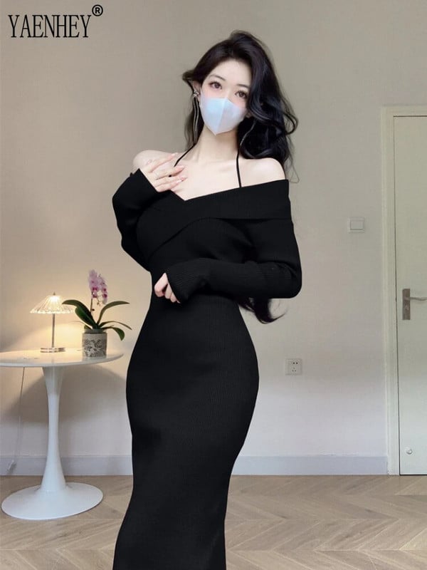 Pulover tricotat cu umăr de pe gât sexy Rochii maxi pentru femei Rochie midi roșie cu corp roșu, iarna 2023