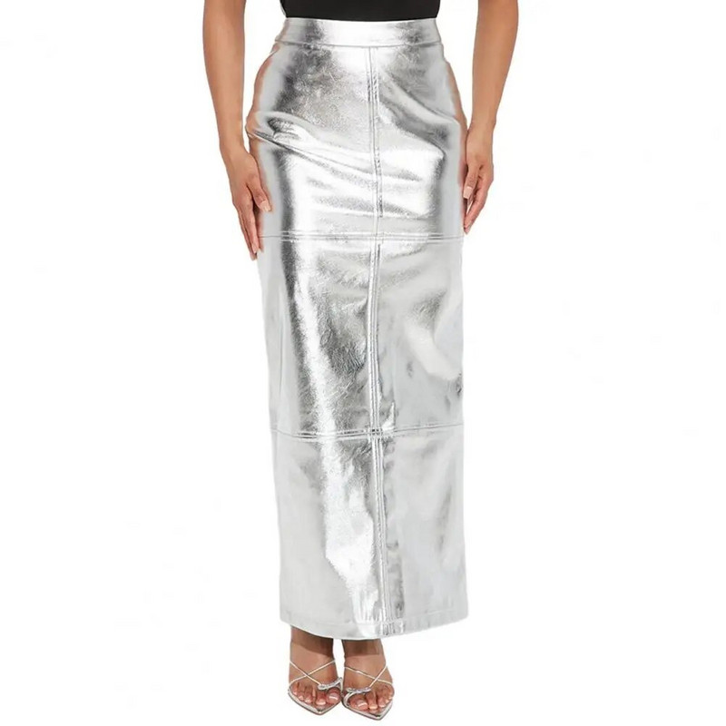 Juodas Šviesą atspindintis lakuotos odos sijonas su skeltu aukštu juosmeniu Sidabrinis Midi sijonas moterims ilgi sijonai moterims 2023 m.