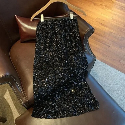 Midi suknje sa šljokicama Ženske graciozne uredske dame Dizajn s prorezom Osnovni seksi šik europski stil visokog struka Jesenske ravne faldas OOTD