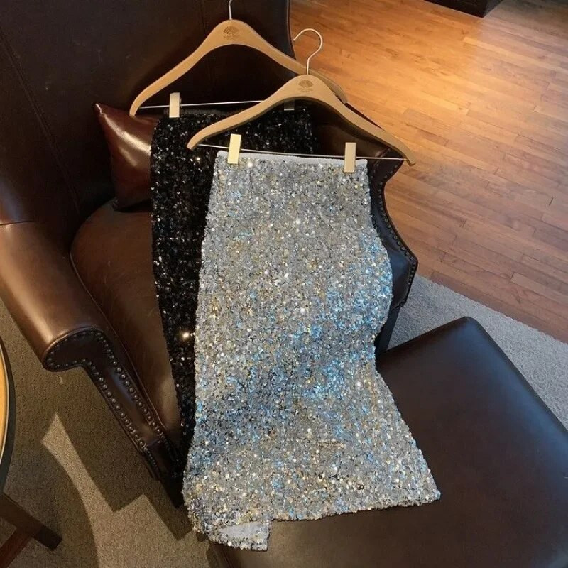 Midi suknje sa šljokicama Ženske graciozne uredske dame Dizajn s prorezom Osnovni seksi šik europski stil visokog struka Jesenske ravne faldas OOTD