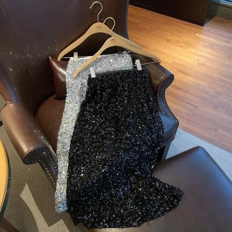 Midi suknje sa šljokicama Ženske graciozne uredske dame Dizajn s prorezom Osnovni seksi šik europski stil visokog struka Jesenske ravne faldas OOTD