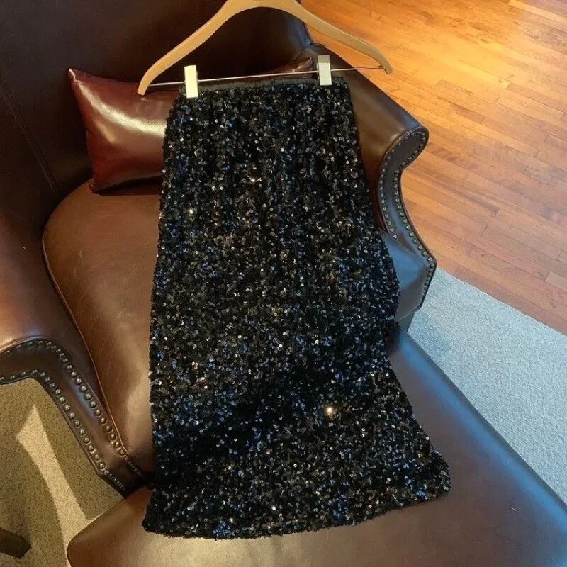 Midi suknje sa šljokicama Ženske graciozne uredske dame Dizajn s prorezom Osnovni seksi šik europski stil visokog struka Jesenske ravne faldas OOTD