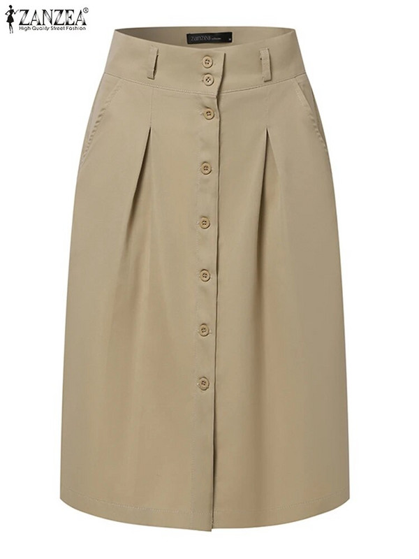 ZANZEA ženske modne OL radne suknje Ljetne elegantne suknje visokog struka Ženski ležerni plisirani ogrtač Vintage s gumbima Faldas Saia