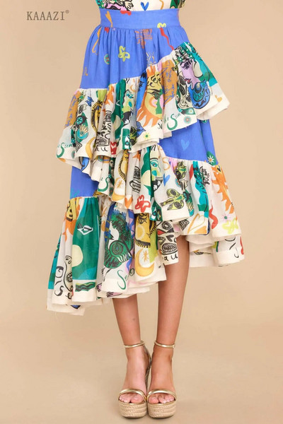 Vintage graffiti szabálytalanság nagy szegély női elegáns szoknya foltmintás alkalmi nyomtatott elegáns középszoknya nyári parti vakáció