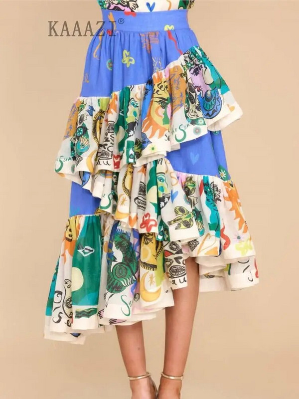 Vintage graffiti szabálytalanság nagy szegély női elegáns szoknya foltmintás alkalmi nyomtatott elegáns középszoknya nyári parti vakáció