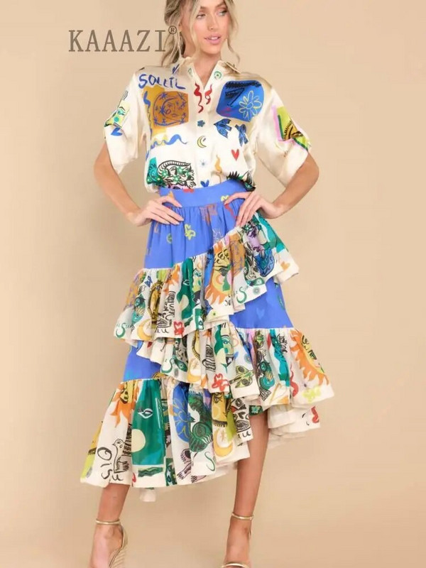 Vintage graffiti szabálytalanság nagy szegély női elegáns szoknya foltmintás alkalmi nyomtatott elegáns középszoknya nyári parti vakáció