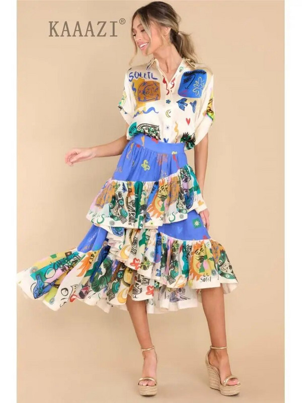 Vintage graffiti szabálytalanság nagy szegély női elegáns szoknya foltmintás alkalmi nyomtatott elegáns középszoknya nyári parti vakáció