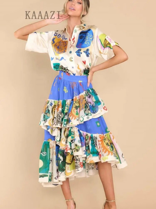 Vintage graffiti szabálytalanság nagy szegély női elegáns szoknya foltmintás alkalmi nyomtatott elegáns középszoknya nyári parti vakáció