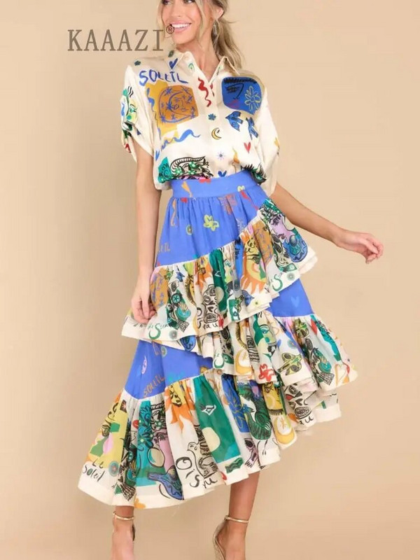 Vintage graffiti szabálytalanság nagy szegély női elegáns szoknya foltmintás alkalmi nyomtatott elegáns középszoknya nyári parti vakáció