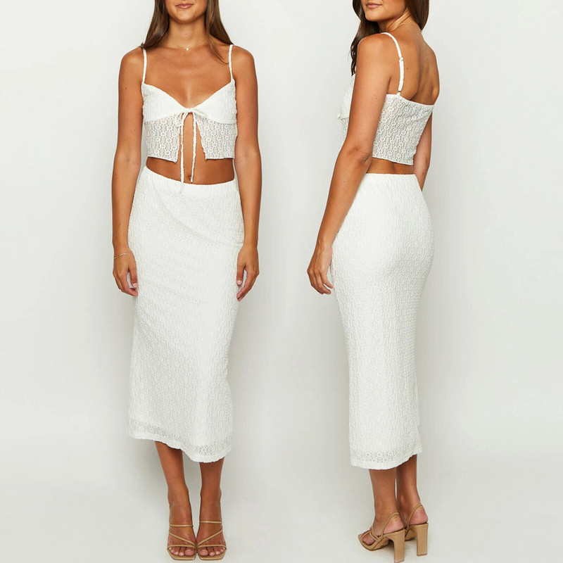 Γυναικείες καλοκαιρινές στολές δύο κομματιών Αμάνικο δέσιμο μπροστινό μπλουζάκι Cami και σετ μακριά φούστα Ρούχα παραλίας