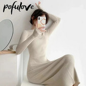 Naiste kootud kleit Seksikas õhuke lõhestatud pikkade varrukatega tavaline kleit Soliidne prantsuse naiste keskmise pikkusega puusa vintage kleit sügistalvel