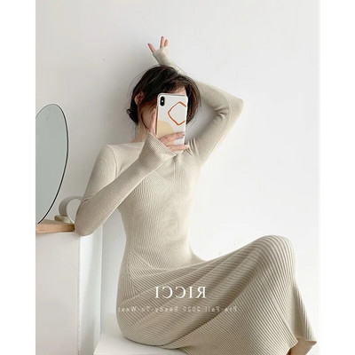 Naiste kootud kleit Seksikas õhuke lõhestatud pikkade varrukatega tavaline kleit Soliidne prantsuse naiste keskmise pikkusega puusa vintage kleit sügistalvel