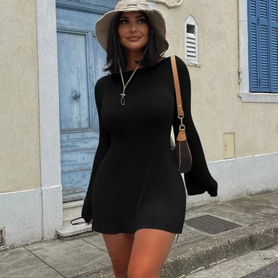 2023 Jesen Zima Ženska mini haljina bez leđa dugih rukava Rebrasta pletena uska odjeća Ulična odjeća Seksi ženske ležerne haljine