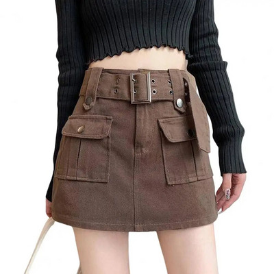 Ženska suknja u korejskom stilu Mini suknja visokog struka s remenom Cargo suknja s velikim džepovima Kratke hlače Konzervativna kratka suknja protiv izlaganja