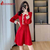 2023 Jesen Zima Vintage Elegance Crvena samtasta mini haljina Ženska V-izrez Lanternasti rukavi Čipka patchwork Tanka svečana haljina A kroja