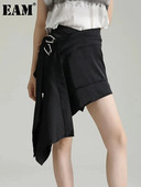 [EAM] Ženska crna nepravilna metalna dekoracija Mini suknja do pola tijela visokog struka Fashion Tide Novo proljeće ljeto 2024. 1DF9553