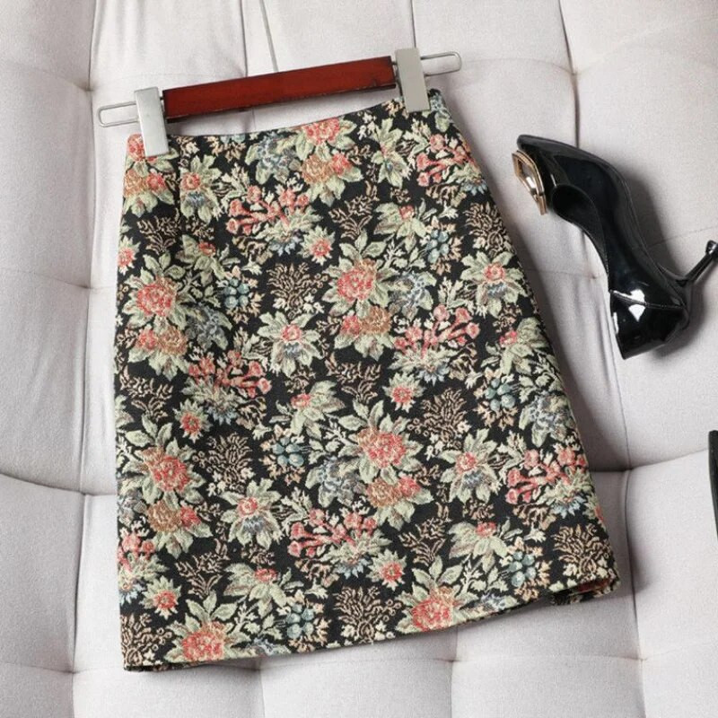 Ženska kratka suknja s cvjetnim uzorkom za proljeće ljeto 2023. Nova retro modna jacquard suknja s visokim strukom, ženska suknja A kroja