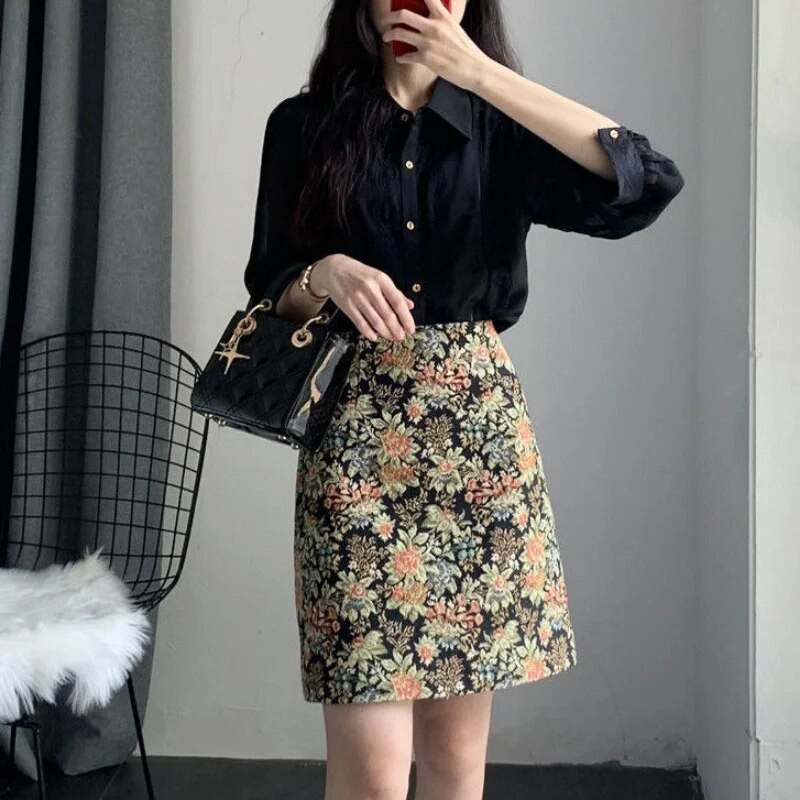 Ženska kratka suknja s cvjetnim uzorkom za proljeće ljeto 2023. Nova retro modna jacquard suknja s visokim strukom, ženska suknja A kroja