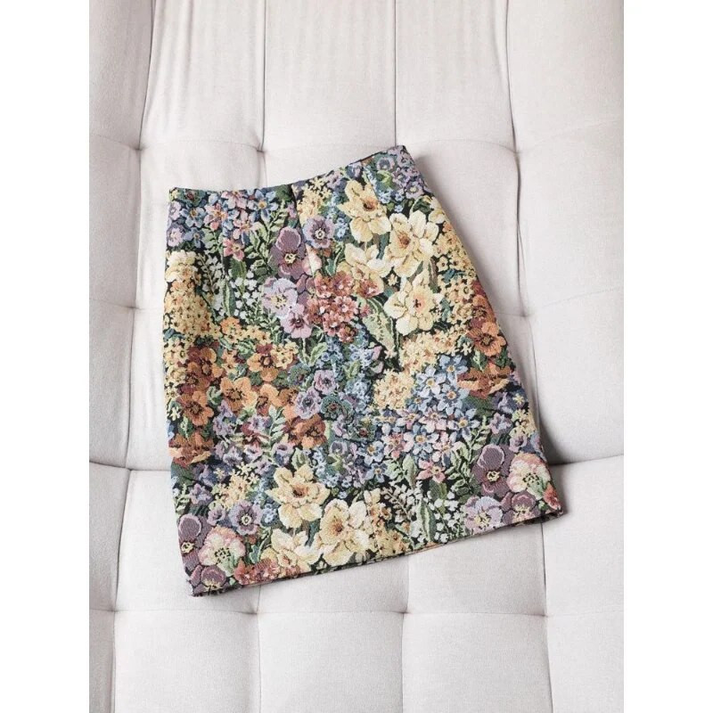 Ženska kratka suknja s cvjetnim uzorkom za proljeće ljeto 2023. Nova retro modna jacquard suknja s visokim strukom, ženska suknja A kroja