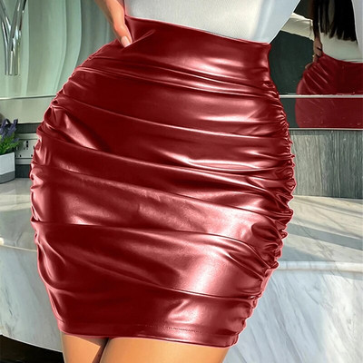 Fuste cu talie înaltă în stil INS din piele Pu Office Lady Rochii scurte elegante pentru femei Party Rave Sexy Minifustă Fusta înfășurată la șold
