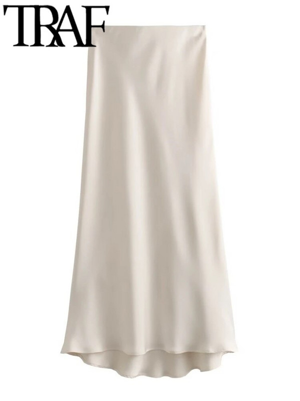 TRAF FANS 2024 Y2K Casual Γυναικεία Maxi Μακριά Φούστα 2χρωμη Ανοιξιάτικη Ελαστική Ψηλόμεση A-Line Casual Γυναικείες Σατέν Φούστες Jupe Beige