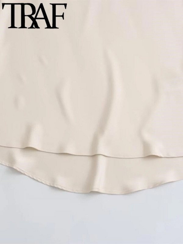 TRAF FANS 2024 Y2K Casual Γυναικεία Maxi Μακριά Φούστα 2χρωμη Ανοιξιάτικη Ελαστική Ψηλόμεση A-Line Casual Γυναικείες Σατέν Φούστες Jupe Beige