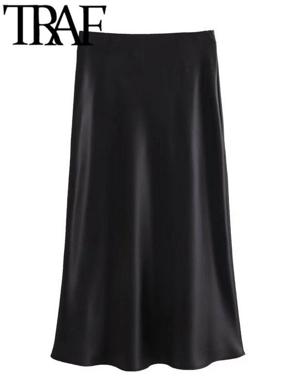 TRAF FANS 2024 Y2K Casual Γυναικεία Maxi Μακριά Φούστα 2χρωμη Ανοιξιάτικη Ελαστική Ψηλόμεση A-Line Casual Γυναικείες Σατέν Φούστες Jupe Beige