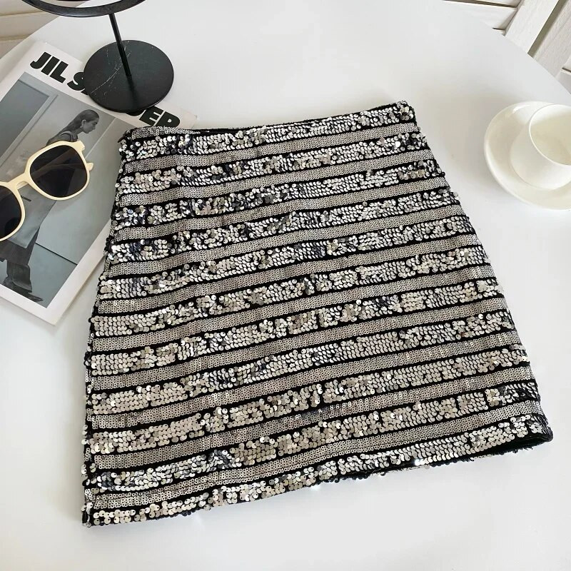 Ženska elegantna seksi mini suknja visokog struka sa šljokicama, modna večernja modna vintage suknja a kroja, ljetna odjeća