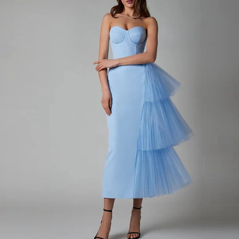 Chic uska ženska haljina bez naramenica Elegantna ženska puf haljina od punog mrežastog prošiva Modne svestrane dugačke haljine temperamentnog stila