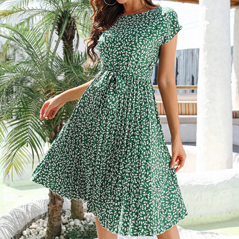 Dámske letné ležérne letné šaty Vestido Elegantné kvetinové krátke rukávy s vysokým pásom a dlhými skladanými šatami s opaskom Vestidos De GraduacióN