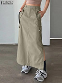 ZANZEA divatos magas derekú zsebek Jupes női hosszú szoknya Cargo szoknyák alkalmi laza tömör maxi szoknyák 2023 őszi oldalsó hasított Falda