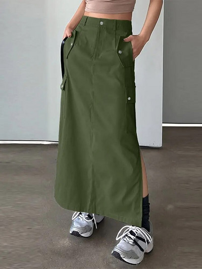 ZANZEA divatos magas derekú zsebek Jupes női hosszú szoknya Cargo szoknyák alkalmi laza tömör maxi szoknyák 2023 őszi oldalsó hasított Falda