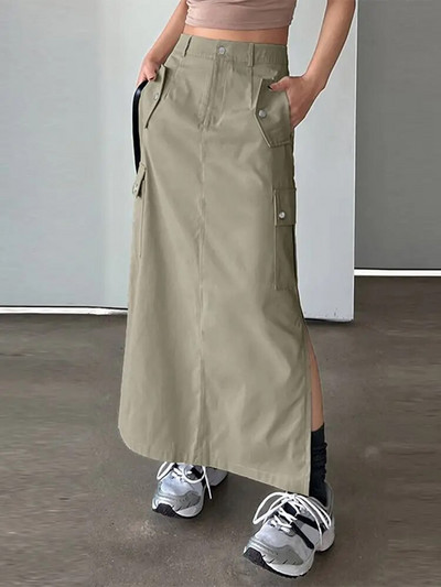 ZANZEA divatos magas derekú zsebek Jupes női hosszú szoknya Cargo szoknyák alkalmi laza tömör maxi szoknyák 2023 őszi oldalsó hasított Falda
