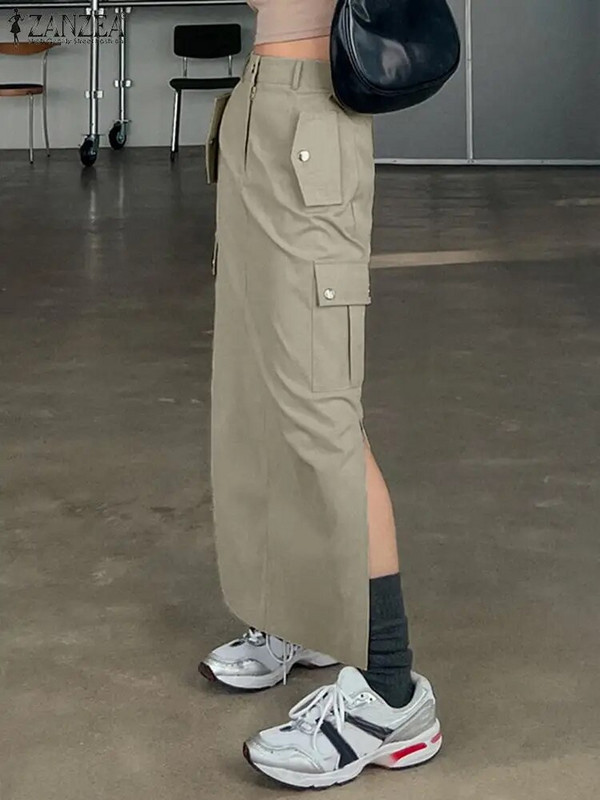 ZANZEA divatos magas derekú zsebek Jupes női hosszú szoknya Cargo szoknyák alkalmi laza tömör maxi szoknyák 2023 őszi oldalsó hasított Falda