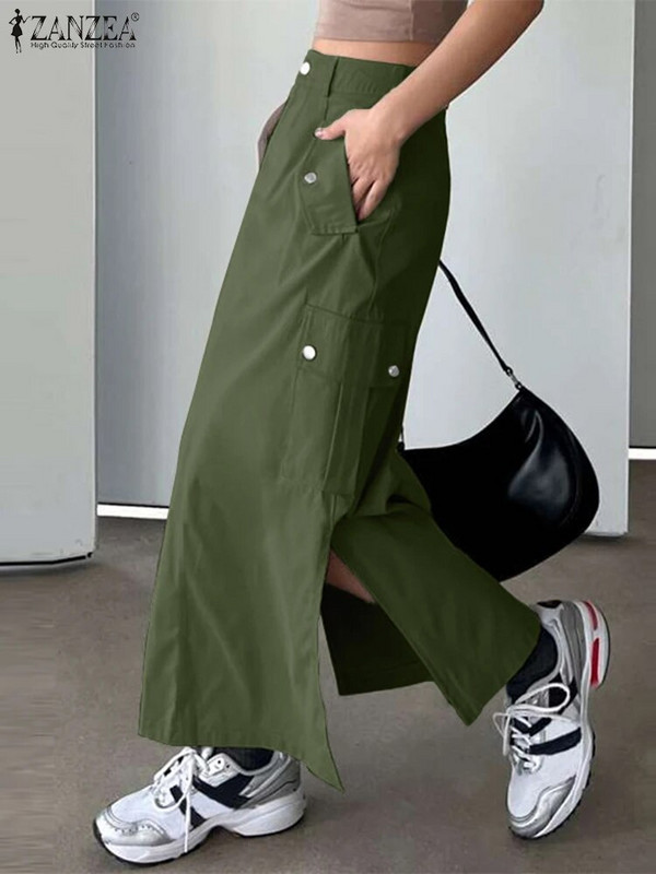 ZANZEA divatos magas derekú zsebek Jupes női hosszú szoknya Cargo szoknyák alkalmi laza tömör maxi szoknyák 2023 őszi oldalsó hasított Falda