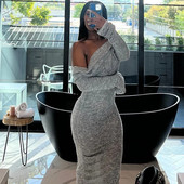 Gtpdpllt Off Shoulder Μακρυμάνικα Maxi Φορέματα για Γυναικεία Κομψά Σέξι Γκρι Μαύρο Πλεκτό Φόρεμα Χειμερινά