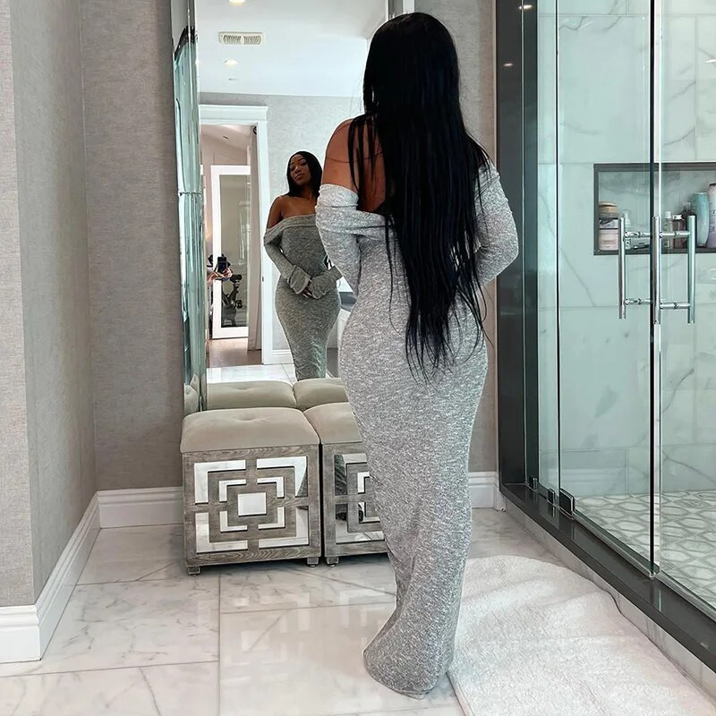 Gtpdpllt Off Shoulder Μακρυμάνικα Maxi Φορέματα για Γυναικεία Κομψά Σέξι Γκρι Μαύρο Πλεκτό Φόρεμα Χειμερινά