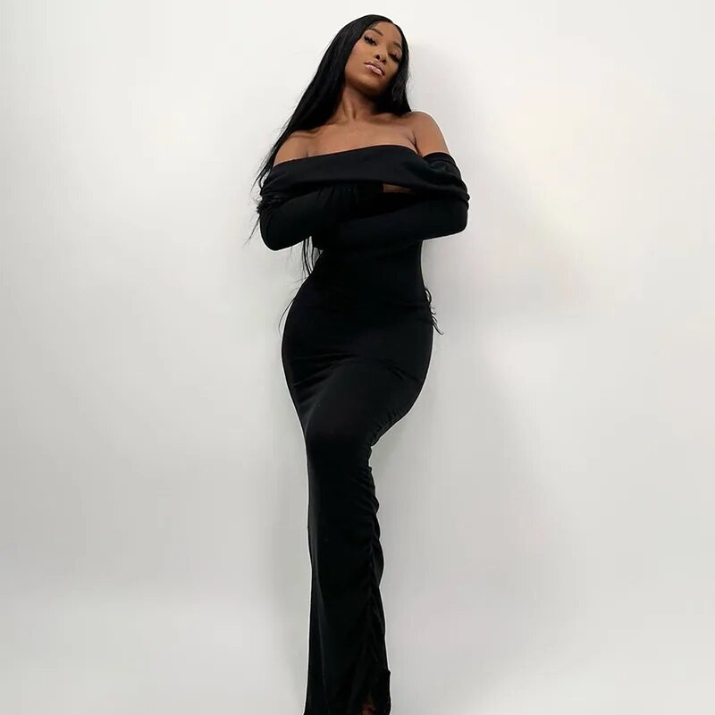 Gtpdpllt Off Shoulder Μακρυμάνικα Maxi Φορέματα για Γυναικεία Κομψά Σέξι Γκρι Μαύρο Πλεκτό Φόρεμα Χειμερινά