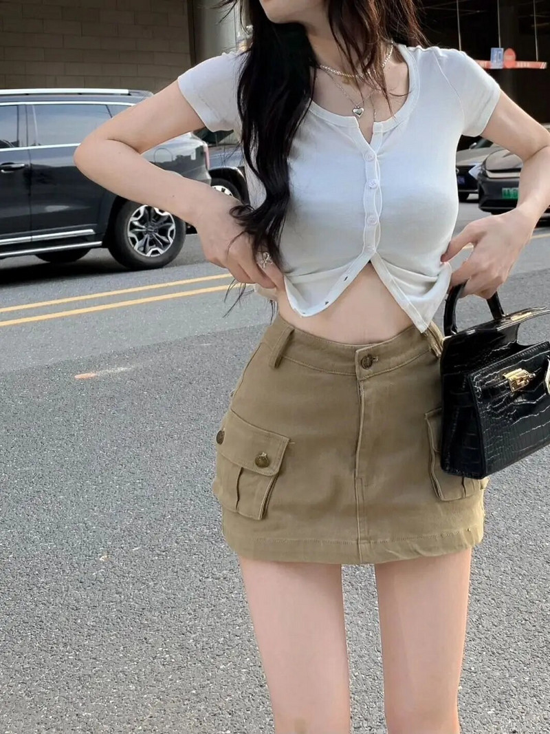 Kaki kargo mini mini suknja Ženska ulična odjeća s džepovima Suknje visokog struka za žene Ljetna moda Y2k odjeća