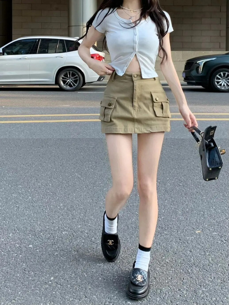 Kaki kargo mini mini suknja Ženska ulična odjeća s džepovima Suknje visokog struka za žene Ljetna moda Y2k odjeća