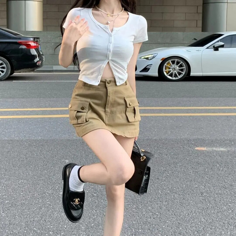 Kaki kargo mini mini suknja Ženska ulična odjeća s džepovima Suknje visokog struka za žene Ljetna moda Y2k odjeća