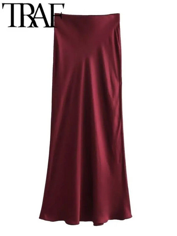 TRAF GAL 2024 Proljeće Y2K Elegantne satenske dugačke suknje A-kroja Elastične Empire ležerne swing ženske maksi suknje do gležnja