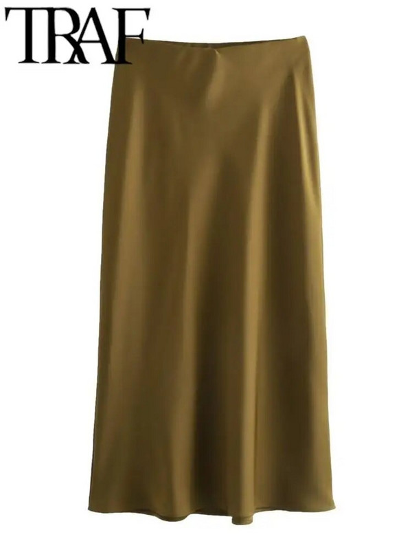 TRAF GAL 2024 Proljeće Y2K Elegantne satenske dugačke suknje A-kroja Elastične Empire ležerne swing ženske maksi suknje do gležnja