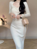 Vintage pulover Pleteni pulover s mašnom Midi haljine s četvrtastim ovratnikom Seksi pripijena haljina za žene Elegantna odjeća jesen zima 2023.