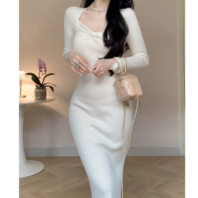 Vintage pulover Pleteni pulover s mašnom Midi haljine s četvrtastim ovratnikom Seksi pripijena haljina za žene Elegantna odjeća jesen zima 2023.