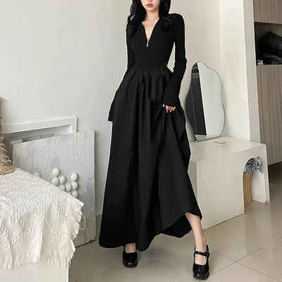 Y2K moteriška suknelė su pusiau užtrauktuku Korėjietiška madinga plona suknelė ilgomis rankovėmis Tamsi akademinė moteriška Hepburn stiliaus juodos didelės suknelės