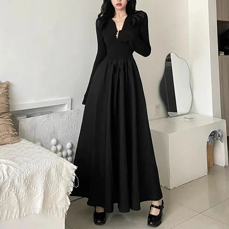 Y2K moteriška suknelė su pusiau užtrauktuku Korėjietiška madinga plona suknelė ilgomis rankovėmis Tamsi akademinė moteriška Hepburn stiliaus juodos didelės suknelės