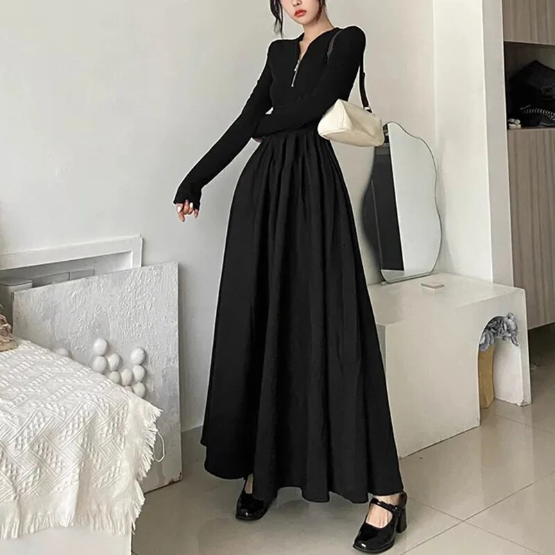 Y2K moteriška suknelė su pusiau užtrauktuku Korėjietiška madinga plona suknelė ilgomis rankovėmis Tamsi akademinė moteriška Hepburn stiliaus juodos didelės suknelės