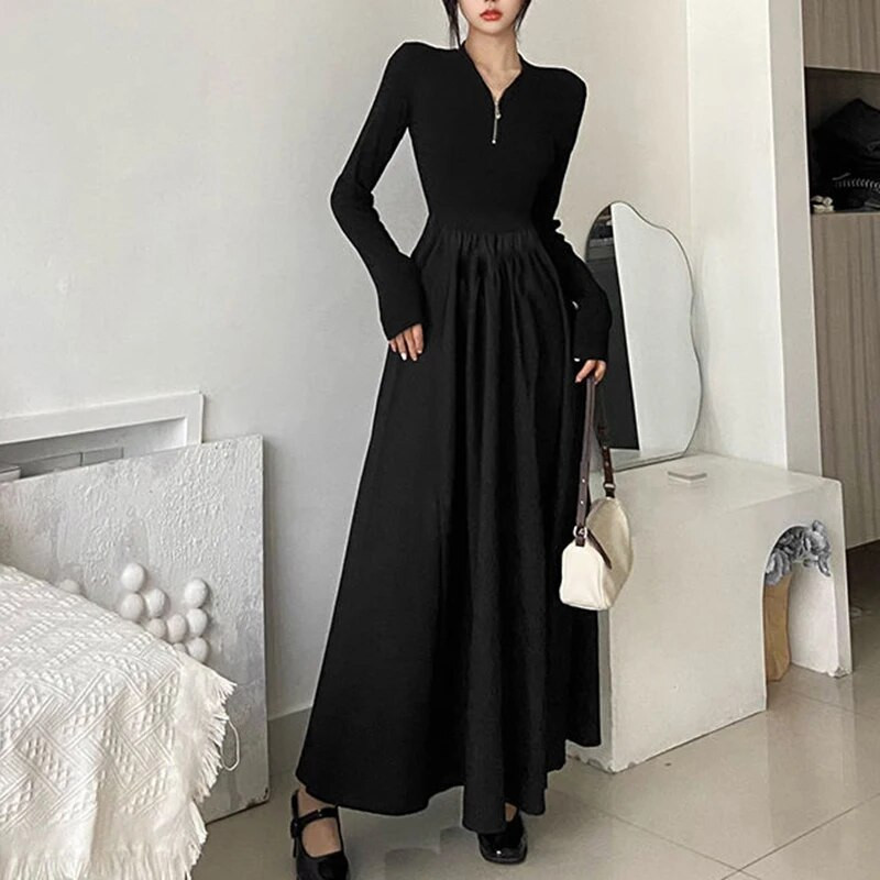 Y2K moteriška suknelė su pusiau užtrauktuku Korėjietiška madinga plona suknelė ilgomis rankovėmis Tamsi akademinė moteriška Hepburn stiliaus juodos didelės suknelės